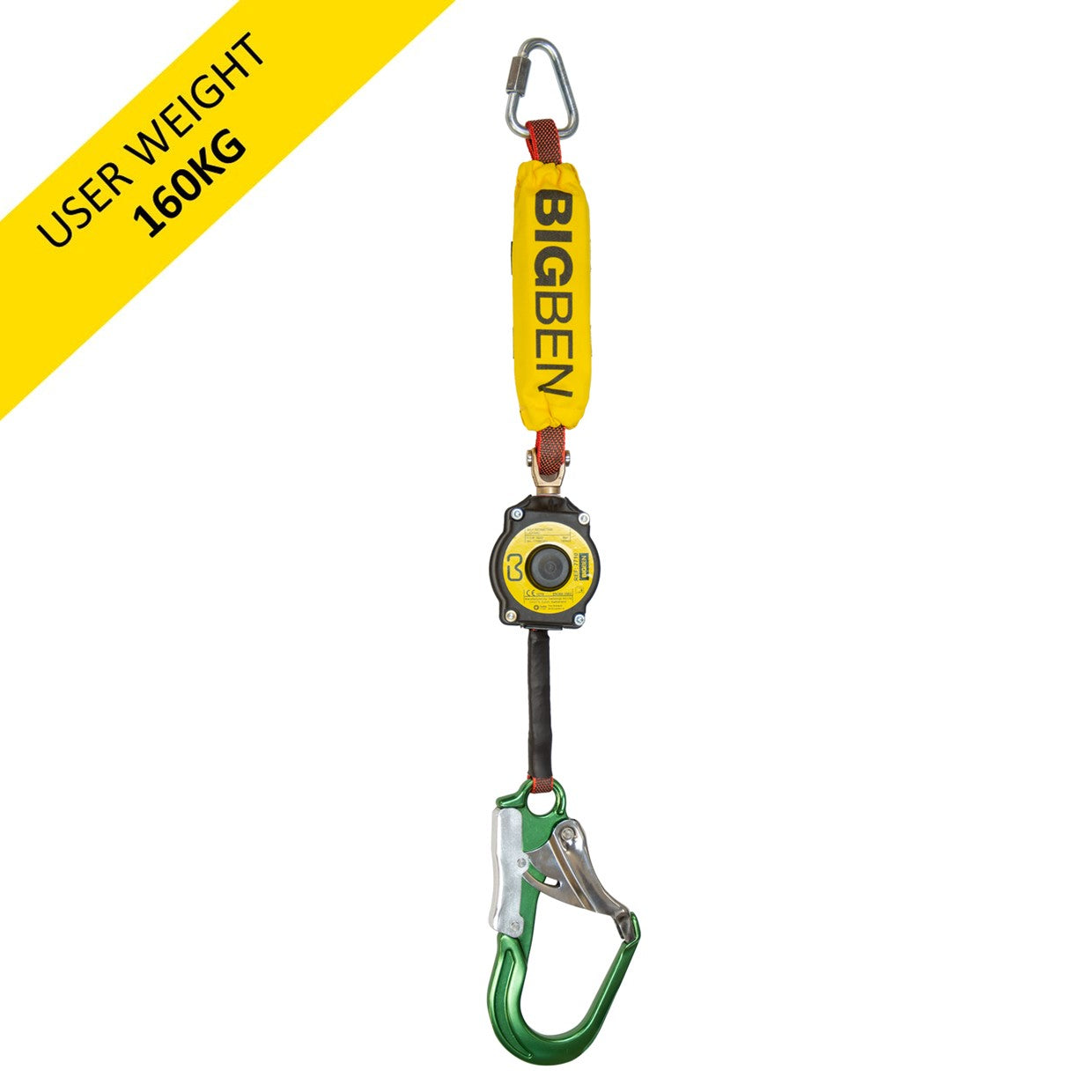 BIGBEN® Single Retractable Lanyard with Wide Opening Green Alloy Scaffold Hook (1.8m)