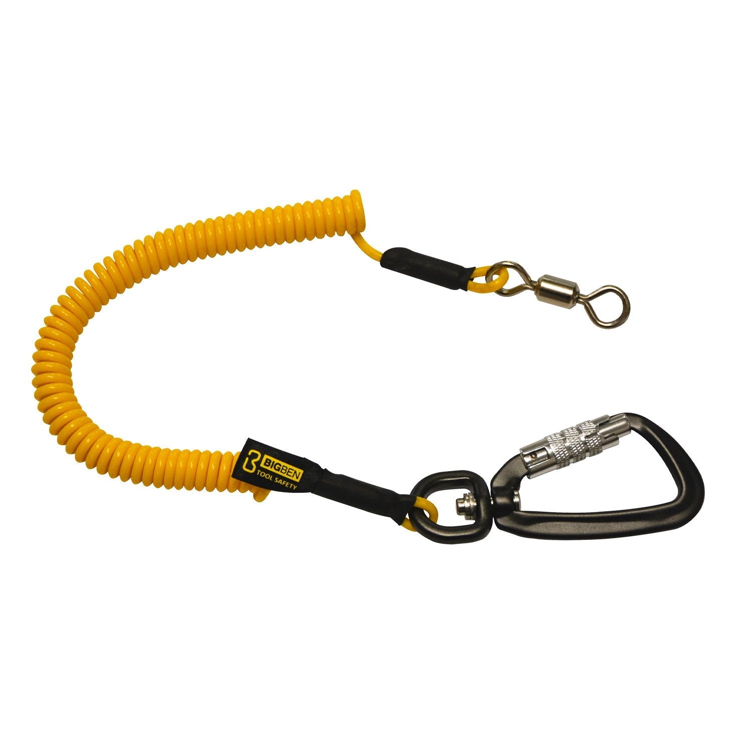 BIGBEN® 2m Memory Kevlar Coil Tool Tether with Extra Heavy Duty Swivel Locking Carabina and Heavy Duty Swivel (Yellow)